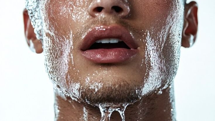 Water running over a man’s jaw and mouth