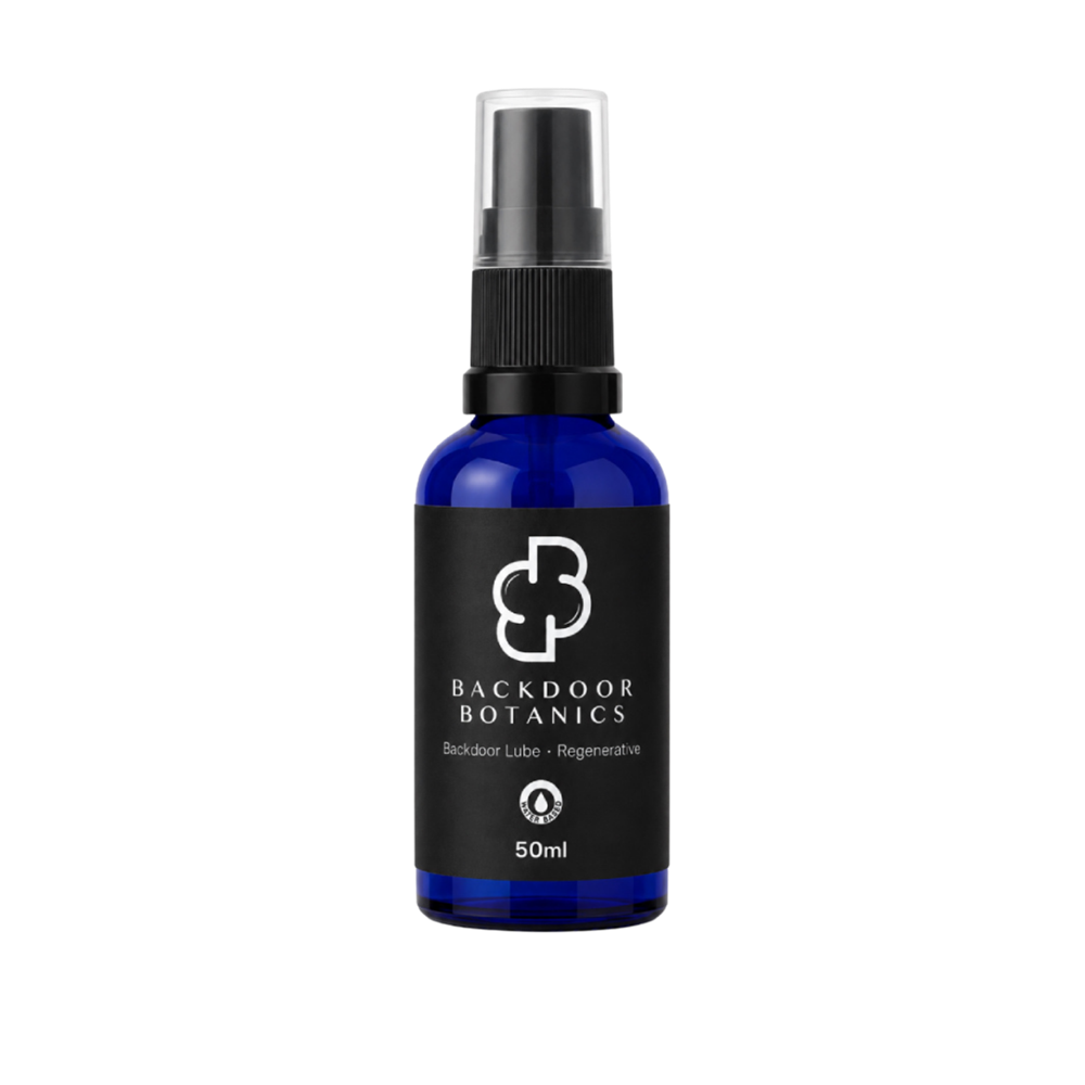 Backdoor Botanics Backdoor Lube, 50ml cobalt glass bottle with black spray cap